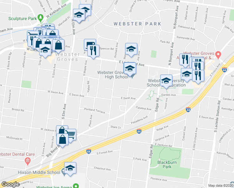 map of restaurants, bars, coffee shops, grocery stores, and more near in Webster Groves