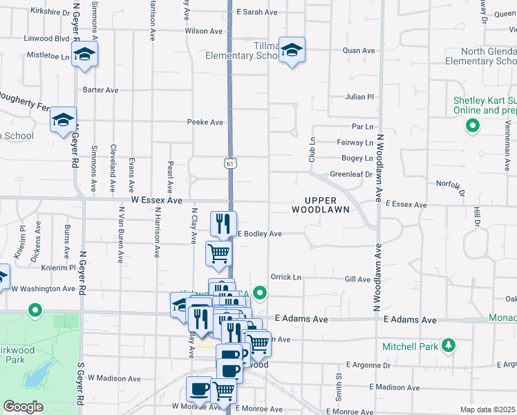 map of restaurants, bars, coffee shops, grocery stores, and more near 549 North Taylor Avenue in Kirkwood