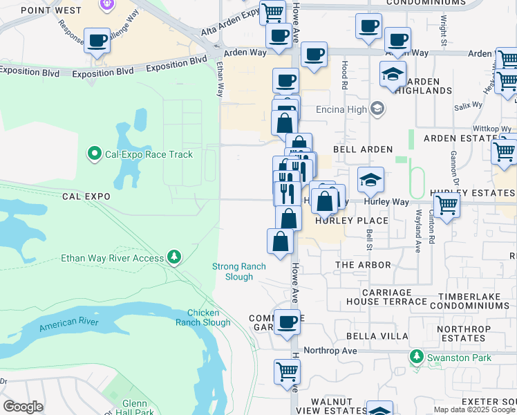 map of restaurants, bars, coffee shops, grocery stores, and more near 2101 Hurley Way in Sacramento
