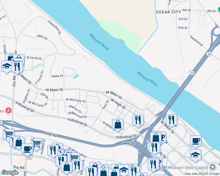 map of restaurants, bars, coffee shops, grocery stores, and more near 1306 West Main Street in Jefferson City