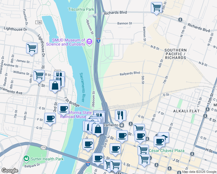 map of restaurants, bars, coffee shops, grocery stores, and more near West Side Highway in Sacramento