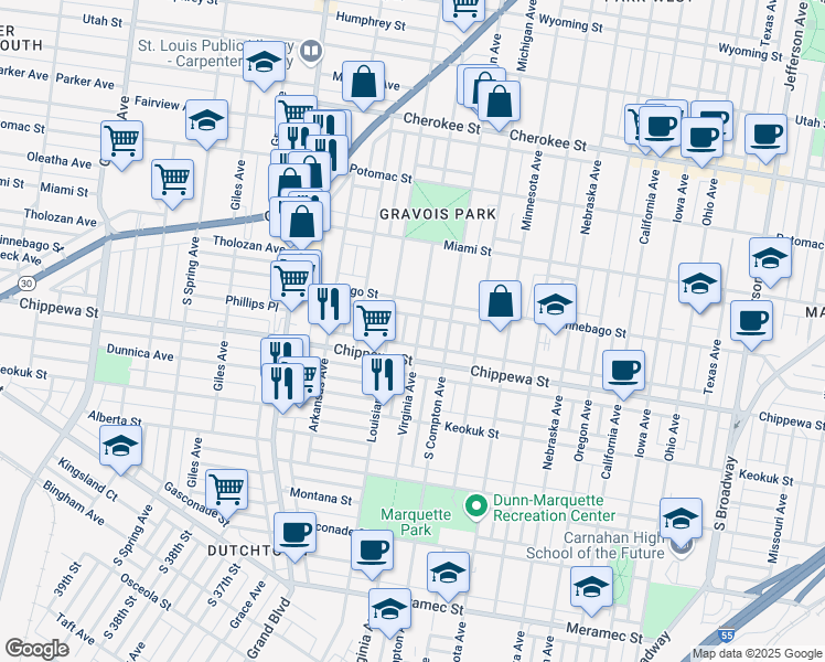 map of restaurants, bars, coffee shops, grocery stores, and more near 3731 Virginia Avenue in St. Louis