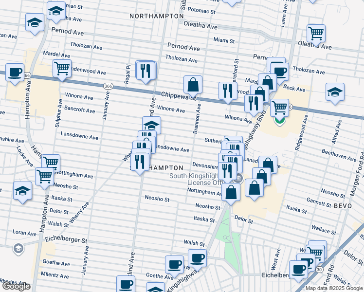 map of restaurants, bars, coffee shops, grocery stores, and more near 5216 Sutherland Avenue in St. Louis