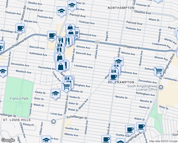 map of restaurants, bars, coffee shops, grocery stores, and more near 5640 Lansdowne Avenue in St. Louis