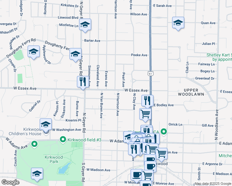 map of restaurants, bars, coffee shops, grocery stores, and more near 245 West Essex Avenue in Kirkwood