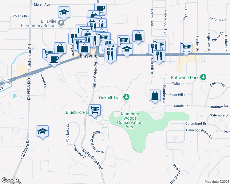 map of restaurants, bars, coffee shops, grocery stores, and more near 262 Carmel Woods Drive in Ellisville
