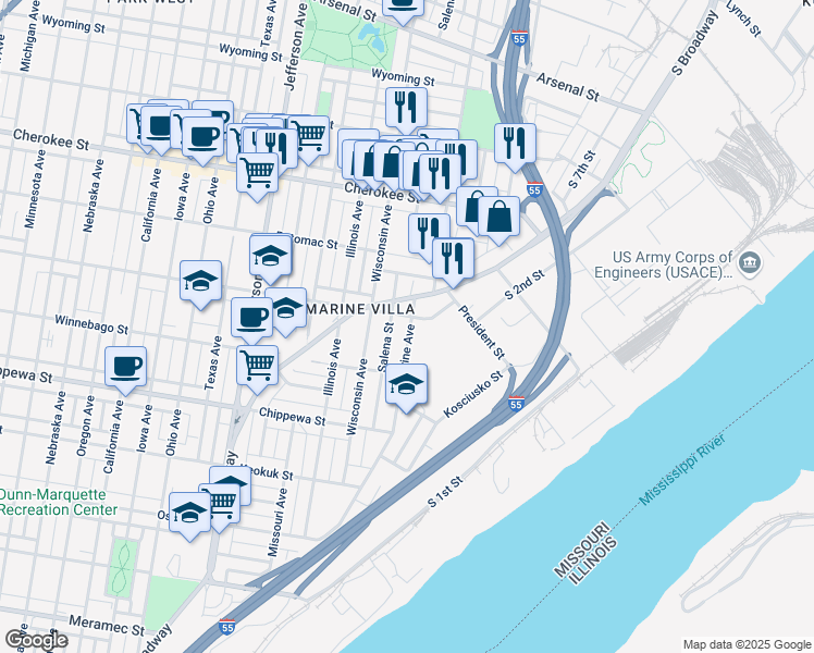 map of restaurants, bars, coffee shops, grocery stores, and more near 3605 Marine Avenue in St. Louis