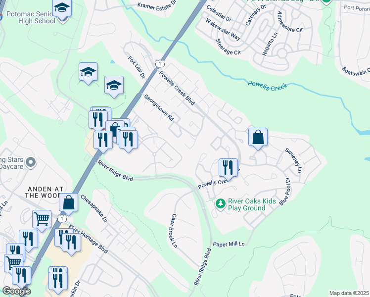 map of restaurants, bars, coffee shops, grocery stores, and more near 16718 Chowning Court in Woodbridge