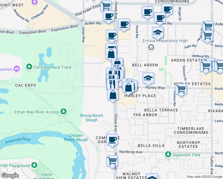 map of restaurants, bars, coffee shops, grocery stores, and more near in Arden-Arcade