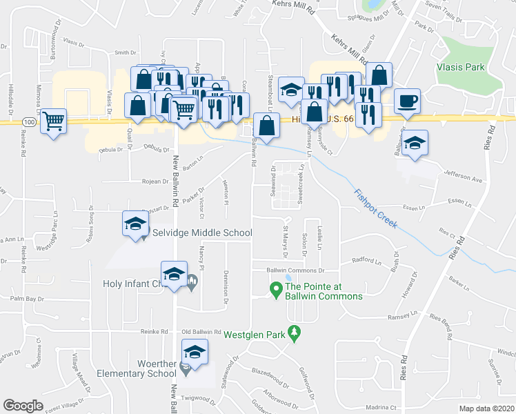 map of restaurants, bars, coffee shops, grocery stores, and more near 142 Old Ballwin Road in Ballwin
