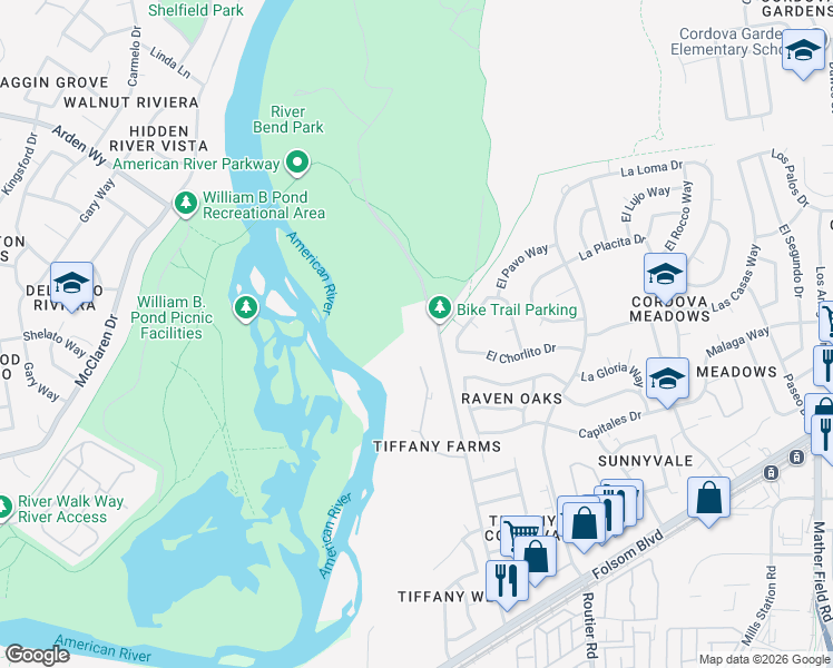 map of restaurants, bars, coffee shops, grocery stores, and more near 2400 East Tiffany Lane in Sacramento