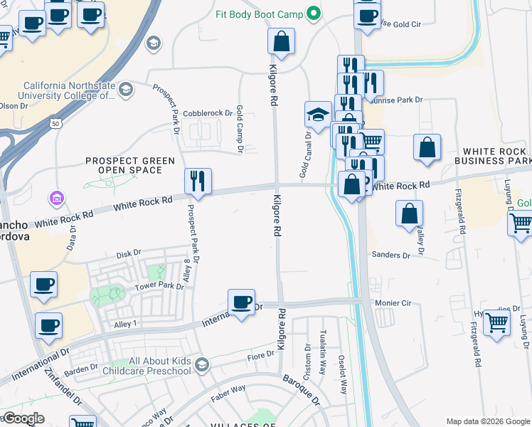 map of restaurants, bars, coffee shops, grocery stores, and more near 3145 Kilgore Road in Rancho Cordova