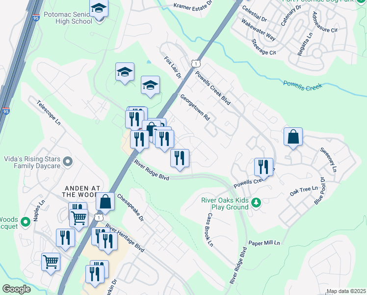 map of restaurants, bars, coffee shops, grocery stores, and more near Blackjack Oak Lane in Woodbridge