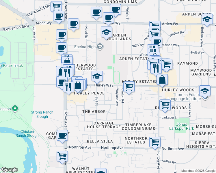 map of restaurants, bars, coffee shops, grocery stores, and more near in Sacramento