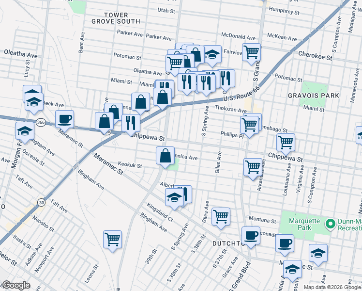 map of restaurants, bars, coffee shops, grocery stores, and more near 3820 Chippewa Street in St. Louis