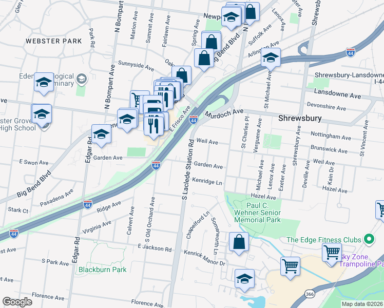 map of restaurants, bars, coffee shops, grocery stores, and more near 100 South Laclede Station Road in St. Louis