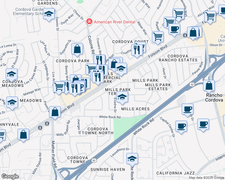 map of restaurants, bars, coffee shops, grocery stores, and more near in Rancho Cordova
