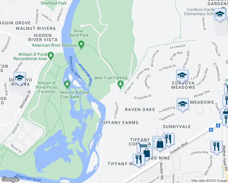 map of restaurants, bars, coffee shops, grocery stores, and more near 2400 East Tiffany Lane in Sacramento