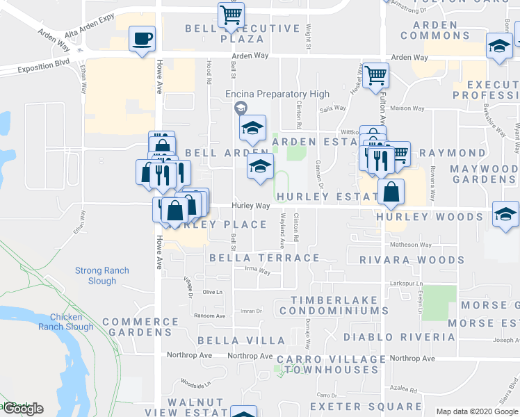 map of restaurants, bars, coffee shops, grocery stores, and more near in Sacramento