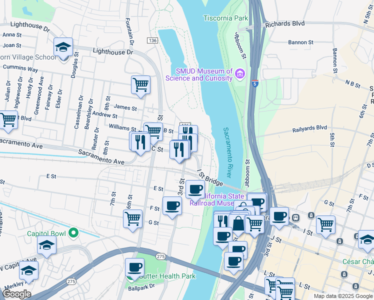 map of restaurants, bars, coffee shops, grocery stores, and more near 345 Metro Lane in West Sacramento