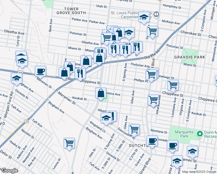 map of restaurants, bars, coffee shops, grocery stores, and more near 3820 Chippewa Street in St. Louis