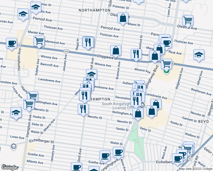 map of restaurants, bars, coffee shops, grocery stores, and more near 5300 Sutherland Avenue in St. Louis