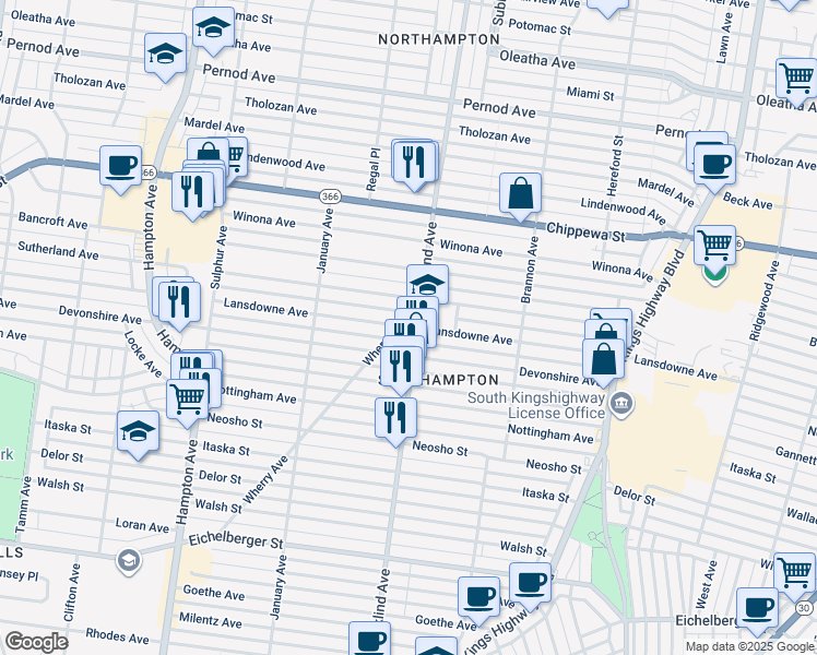 map of restaurants, bars, coffee shops, grocery stores, and more near 5507 Lansdowne Avenue in St. Louis