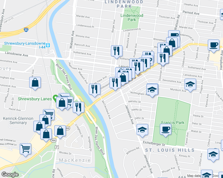 map of restaurants, bars, coffee shops, grocery stores, and more near 6932 Hillsland Avenue in St. Louis