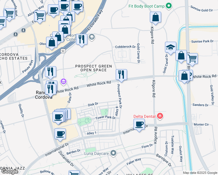 map of restaurants, bars, coffee shops, grocery stores, and more near 11030 White Rock Road in Rancho Cordova