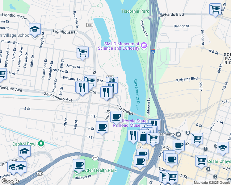 map of restaurants, bars, coffee shops, grocery stores, and more near 279 McDowell Lane in West Sacramento