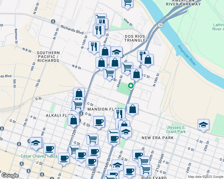 map of restaurants, bars, coffee shops, grocery stores, and more near 1209 North A Street in Sacramento