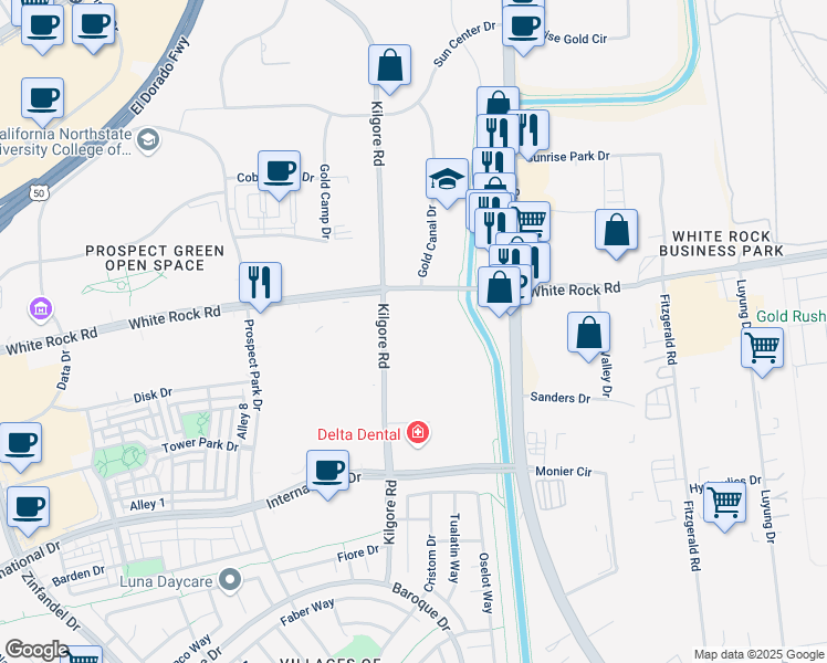 map of restaurants, bars, coffee shops, grocery stores, and more near 3145 Kilgore Road in Rancho Cordova