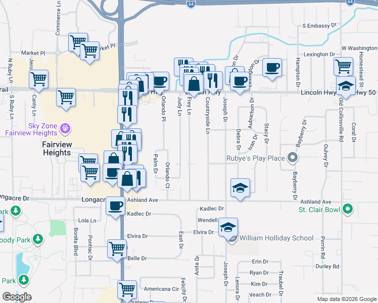 map of restaurants, bars, coffee shops, grocery stores, and more near Frey Lane in Fairview Heights