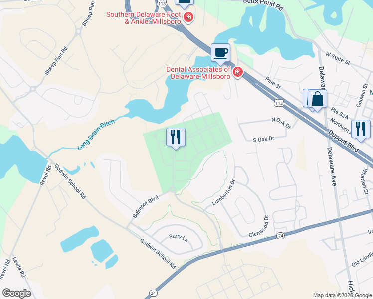 map of restaurants, bars, coffee shops, grocery stores, and more near 20646 Albermarle Lane in Millsboro