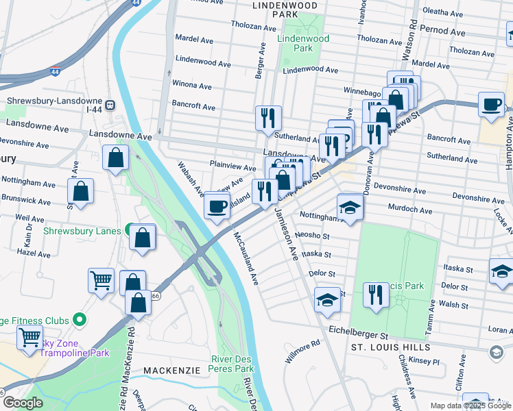 map of restaurants, bars, coffee shops, grocery stores, and more near 6932 Hillsland Avenue in St. Louis