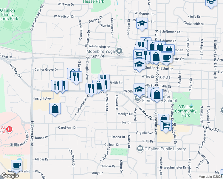 map of restaurants, bars, coffee shops, grocery stores, and more near 422 West Highway 50 in O'Fallon
