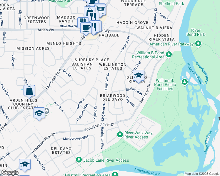 map of restaurants, bars, coffee shops, grocery stores, and more near 1413 Thistlewood Way in Carmichael