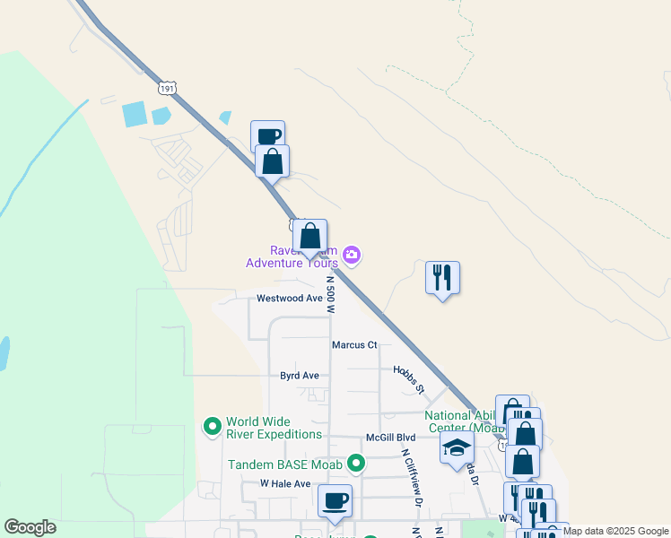 map of restaurants, bars, coffee shops, grocery stores, and more near 1004 North Highway 191 in Moab