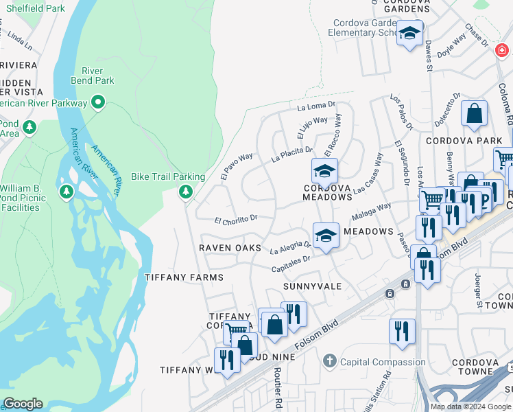 map of restaurants, bars, coffee shops, grocery stores, and more near 2528 El Burlon Circle in Rancho Cordova