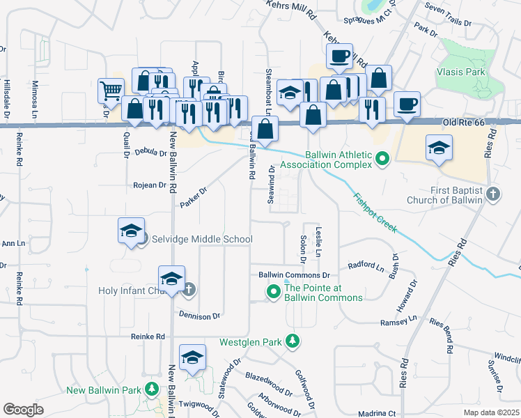 map of restaurants, bars, coffee shops, grocery stores, and more near 140 Old Ballwin Road in Ballwin