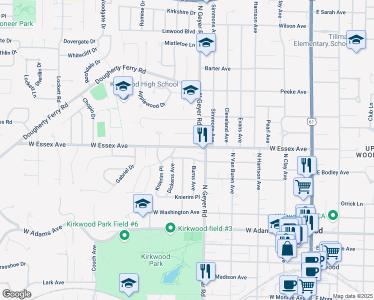 map of restaurants, bars, coffee shops, grocery stores, and more near 534 West Essex Avenue in Kirkwood