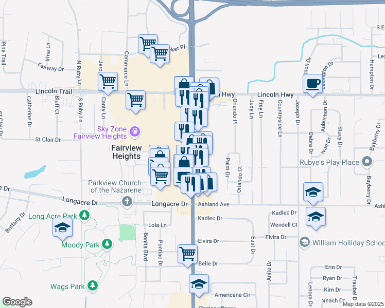map of restaurants, bars, coffee shops, grocery stores, and more near 6109 North Illinois Street in Fairview Heights