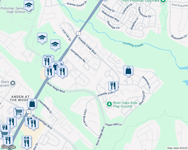 map of restaurants, bars, coffee shops, grocery stores, and more near 16725 Chowning Court in Woodbridge