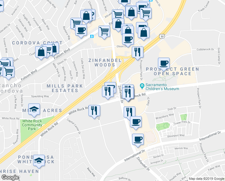 map of restaurants, bars, coffee shops, grocery stores, and more near 10721 White Rock Road in Rancho Cordova
