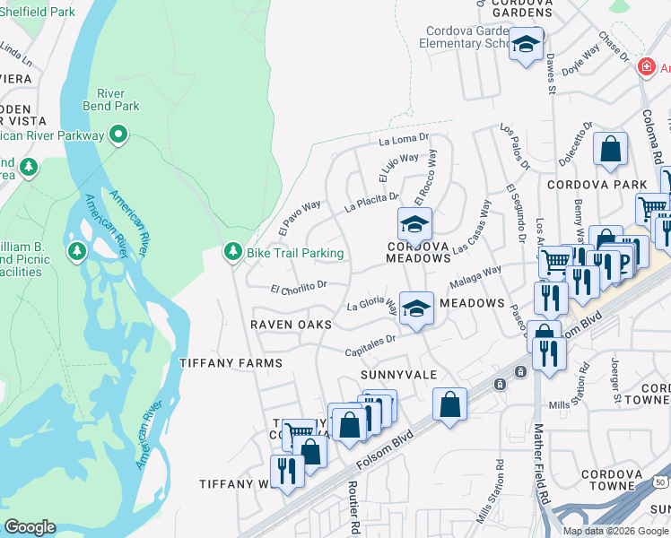 map of restaurants, bars, coffee shops, grocery stores, and more near 2528 El Burlon Circle in Rancho Cordova