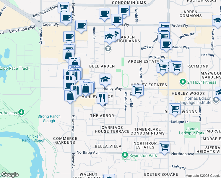 map of restaurants, bars, coffee shops, grocery stores, and more near 2306 Hurley Way in Sacramento