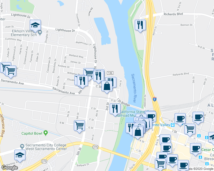 map of restaurants, bars, coffee shops, grocery stores, and more near 345 Metro Lane in West Sacramento