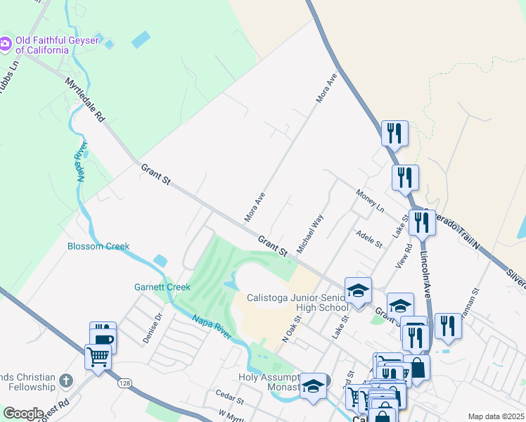 map of restaurants, bars, coffee shops, grocery stores, and more near 1882 Mora Avenue in Calistoga