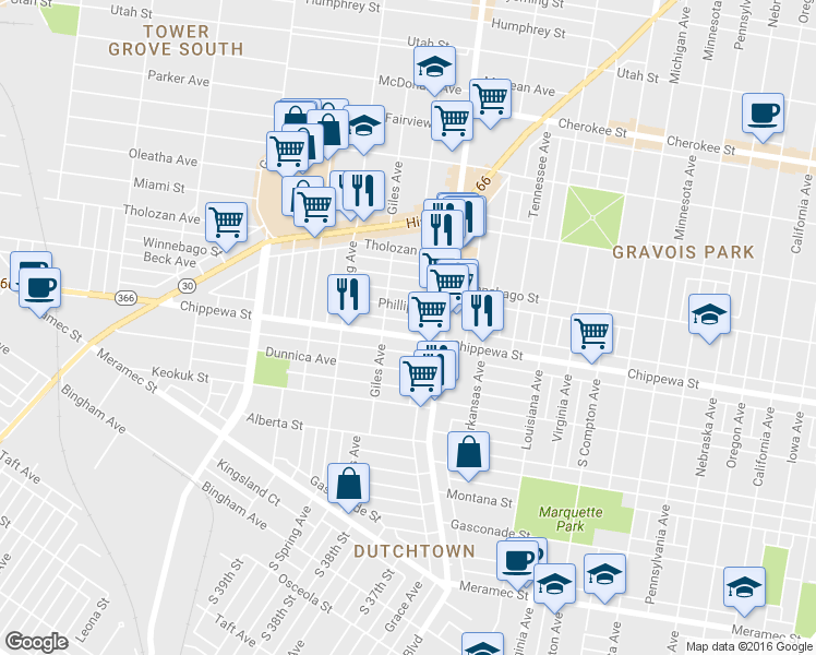 map of restaurants, bars, coffee shops, grocery stores, and more near 3641 Chippewa Street in St. Louis