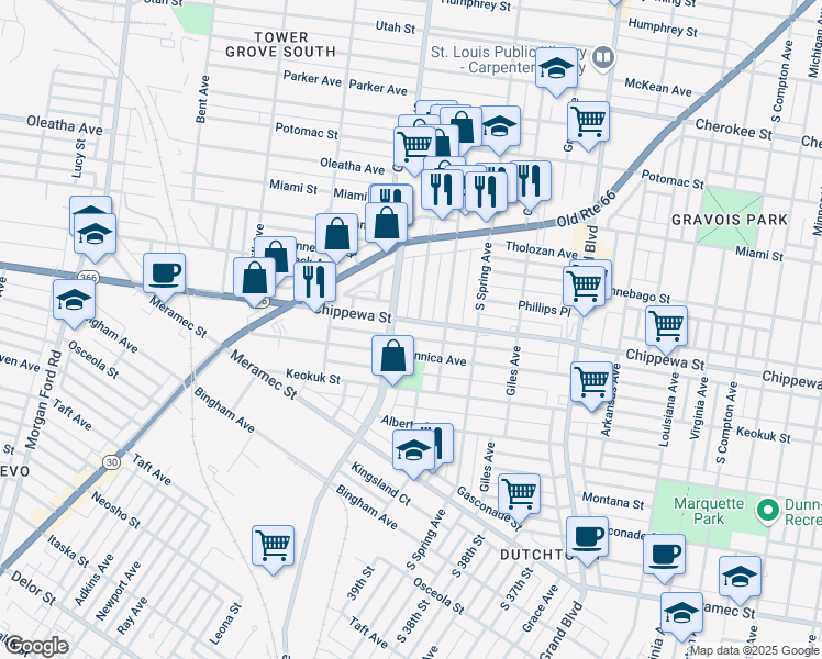 map of restaurants, bars, coffee shops, grocery stores, and more near 3820 Chippewa Street in St. Louis